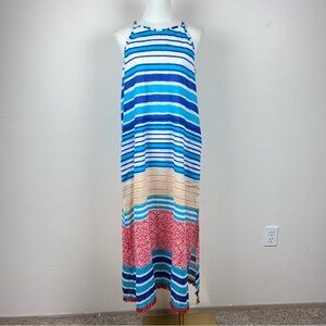 Lulalife Dress Womens Extra Small Maxi Stripe Coastal Beach Boho Fringe Blue